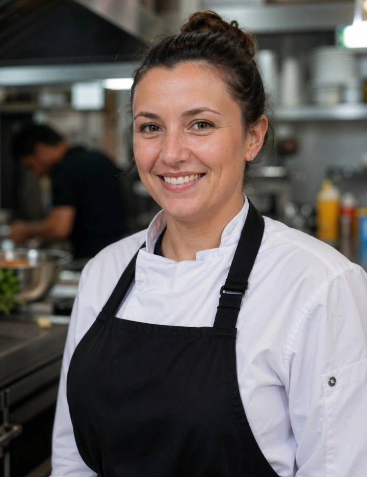 Petra, a chef with 12 years of experience, smiling in a professional kitchen